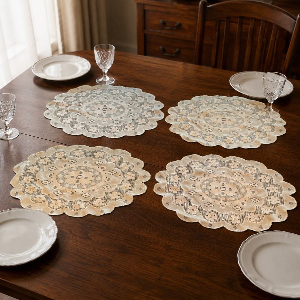 Vintage Lace Placemats Set of 4 Cream Floral Scalloped Oval Table Linens